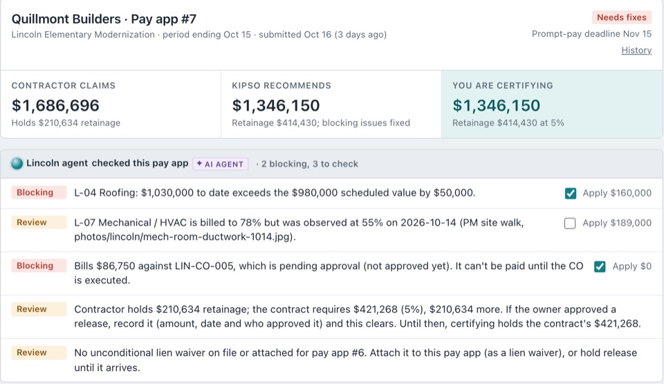 Pay app #7 from Quillmont Builders in the demo: $1,686,696 claimed and $1,346,150 recommended, with five findings: roofing billed $50,000 over its scheduled value, mechanical billed at 78% against 55% observed on site, $86,750 billed on an unapproved change order, retainage held at $210,634 instead of $421,268, and no lien waiver for pay app #6.